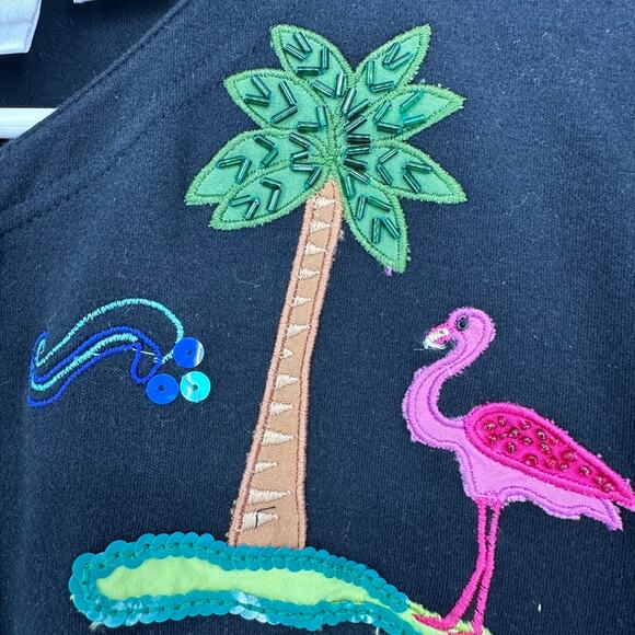Michael Simon Cardigan Sweater MEDIUM Embroidered Beaded Palm Tree Flamingo - Picture 4 of 10